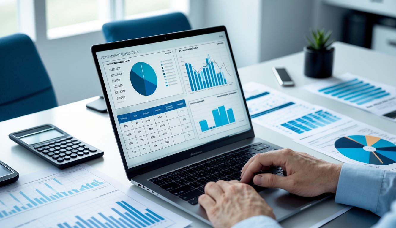Seorang profesional sedang bekerja dengan laptop dan data statistik di meja kerja di kantor yang terang dan rapi.