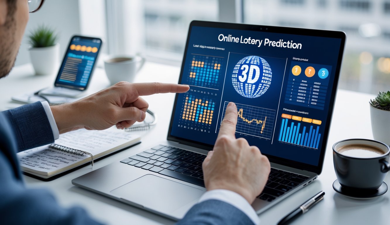 Sebuah meja kerja modern dengan laptop yang menampilkan grafik data togel 3D, tangan seseorang menunjuk layar, dan alat tulis di sampingnya.