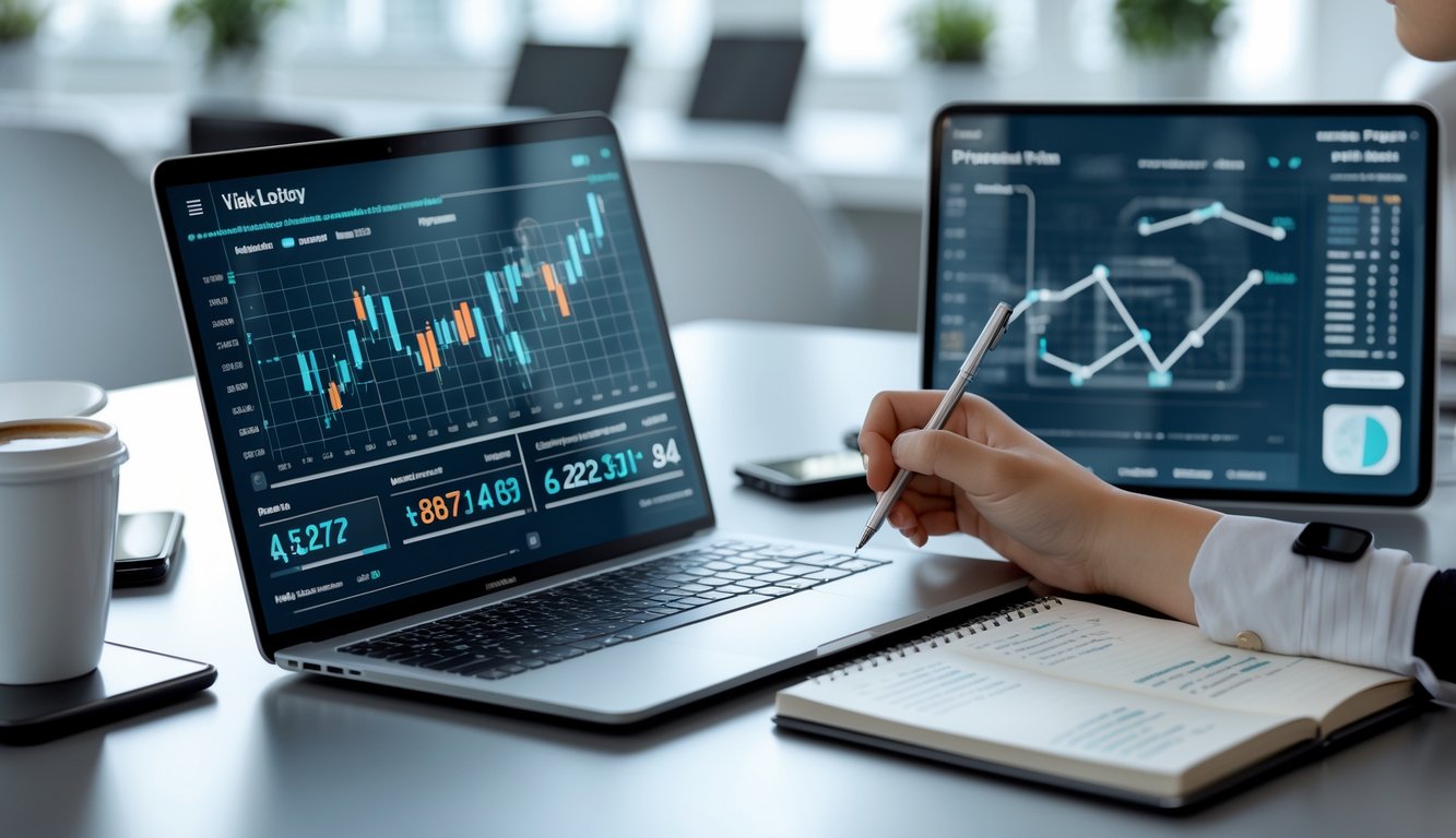Orang sedang menganalisis data prediksi togel 3D di sebuah meja kerja dengan laptop dan alat tulis.