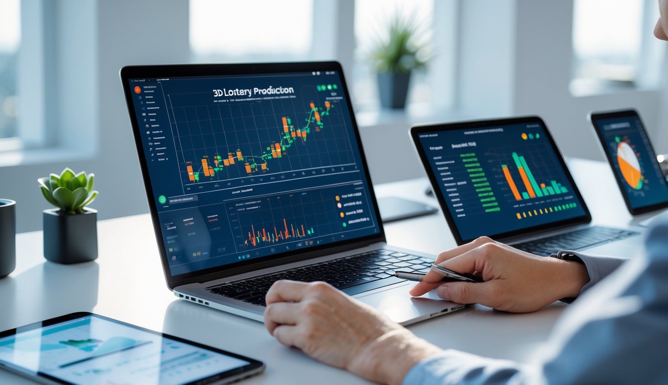 Seorang profesional sedang menganalisis data prediksi togel 3D online di meja kerja dengan laptop dan perangkat digital lainnya.
