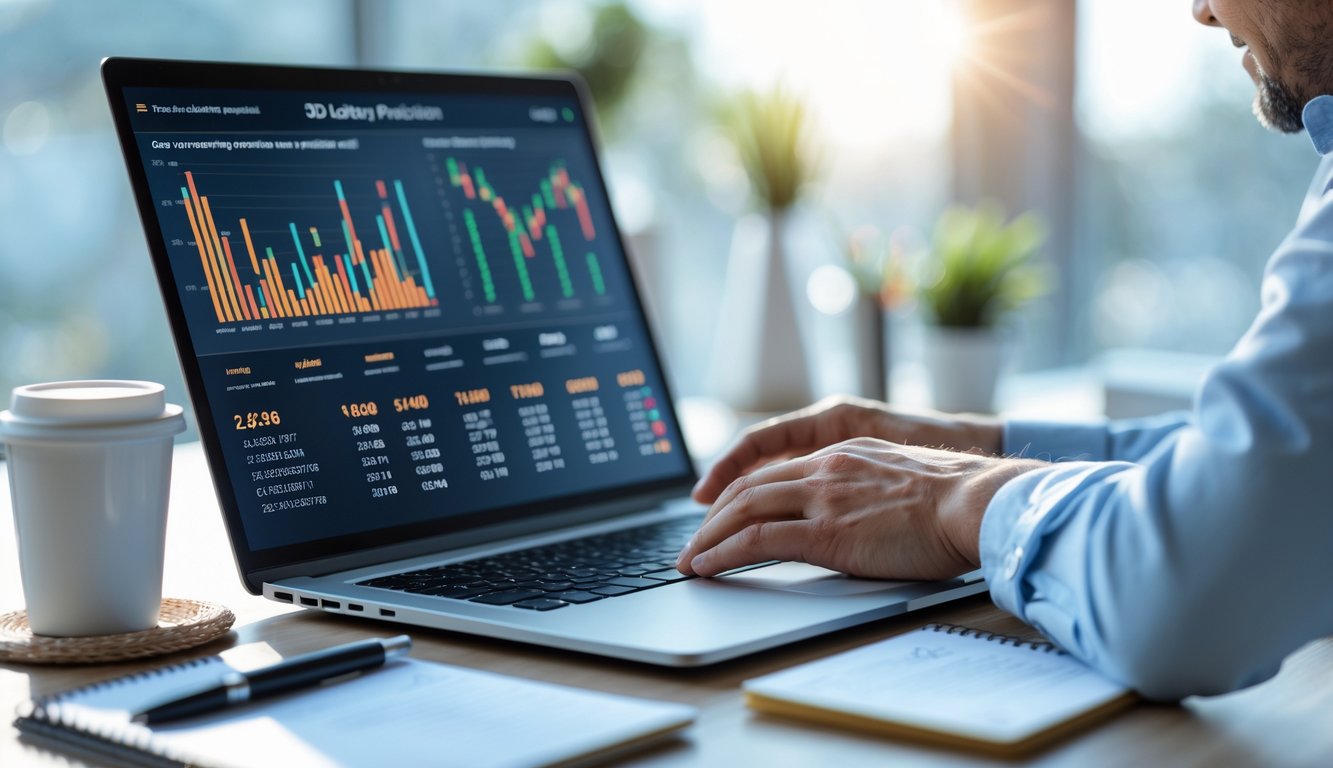 Seseorang sedang bekerja dengan laptop yang menampilkan data prediksi togel 3D di sebuah meja kerja modern.