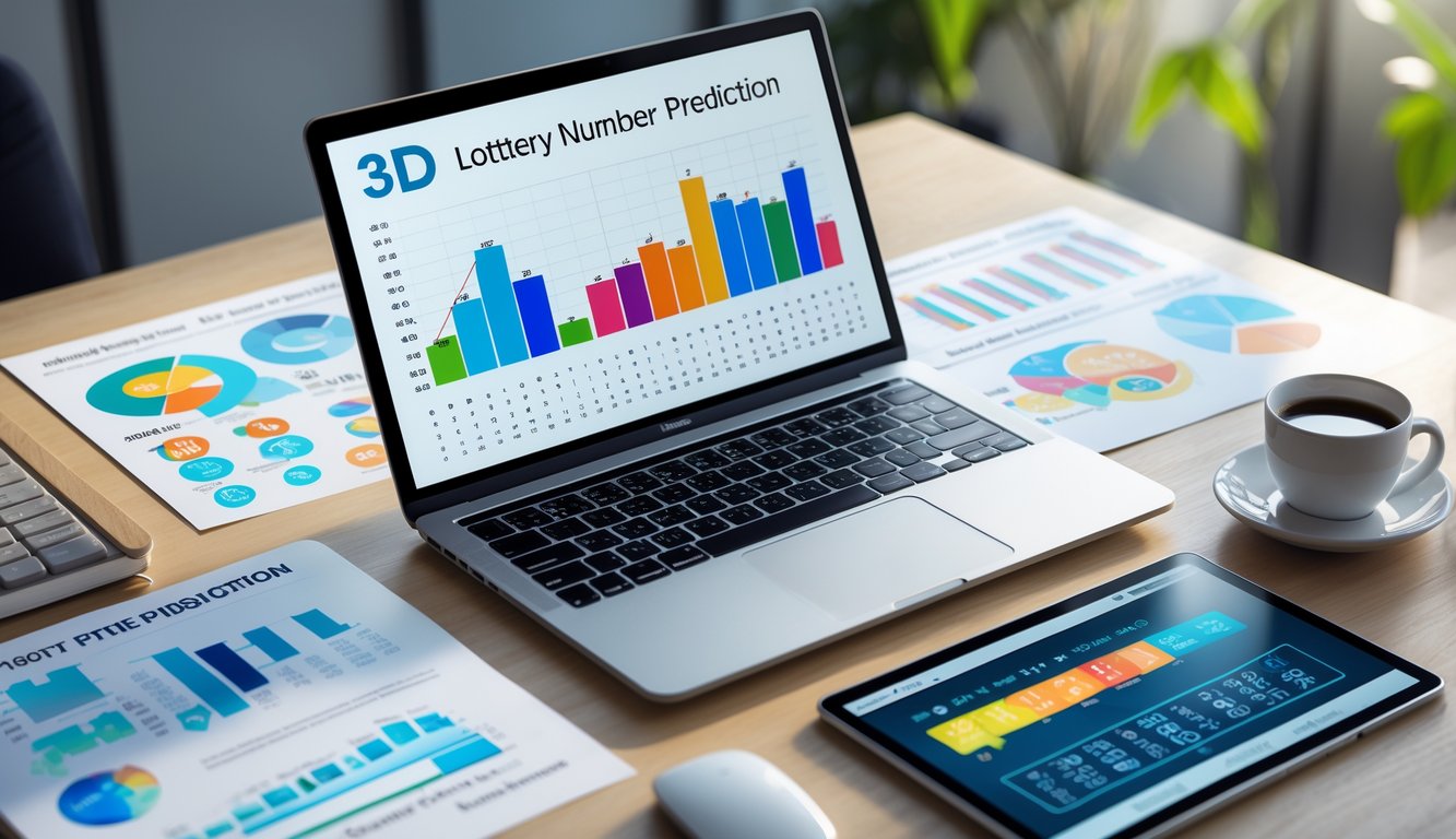 Suasana meja kerja dengan laptop menampilkan grafik statistik dan perangkat digital lainnya yang menunjukkan analisis angka togel 3D.