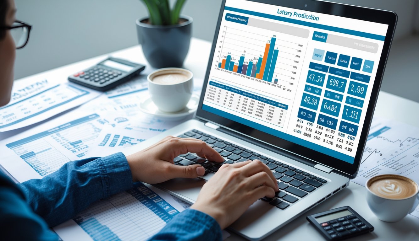 Seseorang sedang menganalisis data statistik angka togel 3D online di depan laptop dengan grafik dan tabel angka di meja kerja.