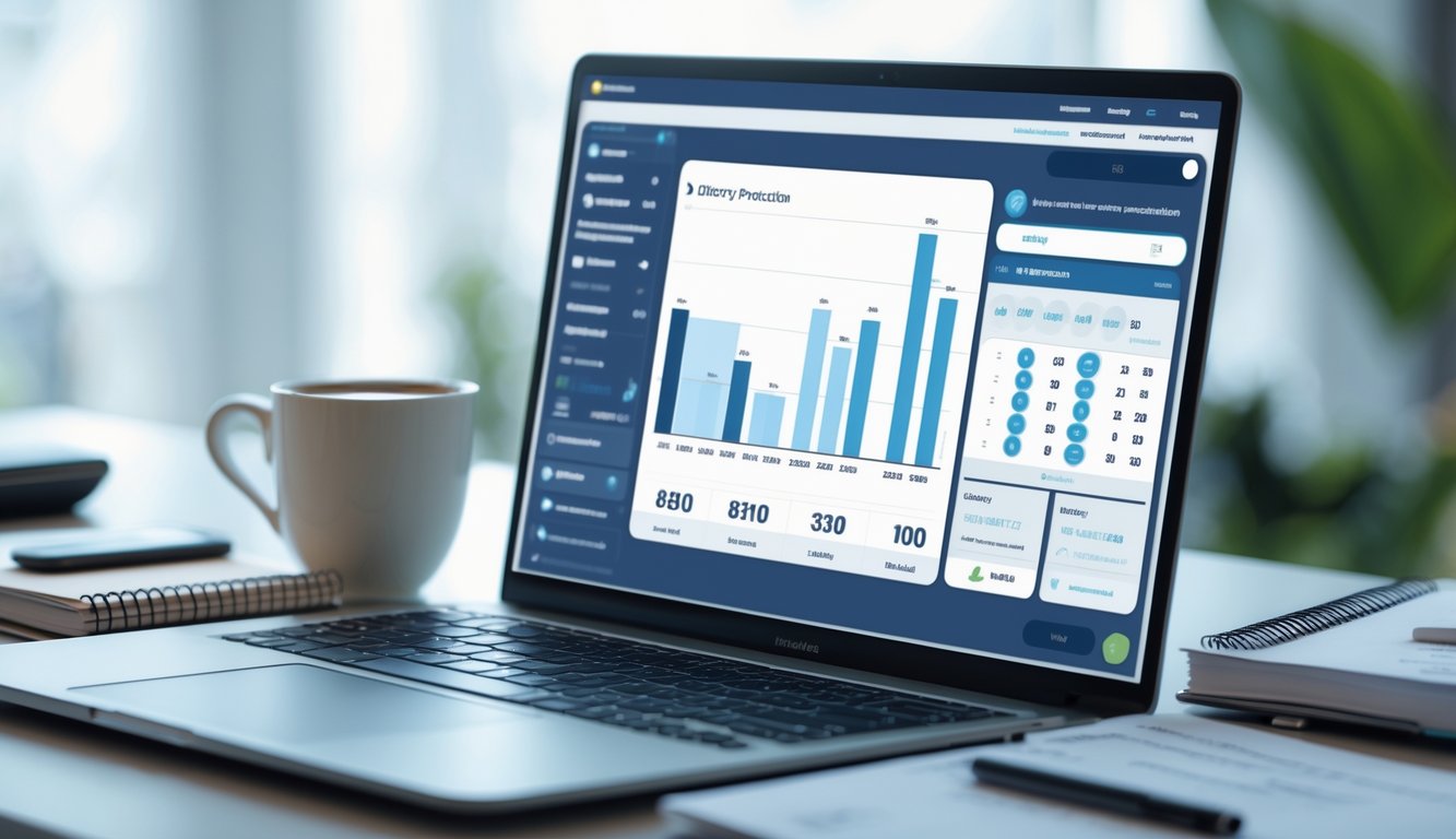 Meja kerja modern dengan laptop menampilkan angka dan grafik prediksi togel 3D, dikelilingi catatan, ponsel, dan cangkir kopi.