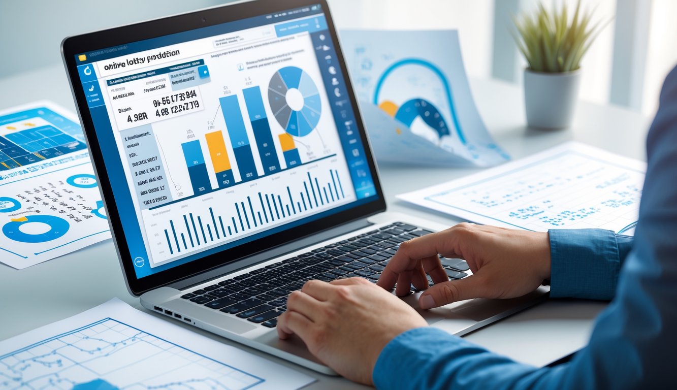 Meja kerja dengan laptop yang menampilkan data angka dan grafik, serta tangan seseorang yang sedang menganalisis pola dan rumus di kertas.