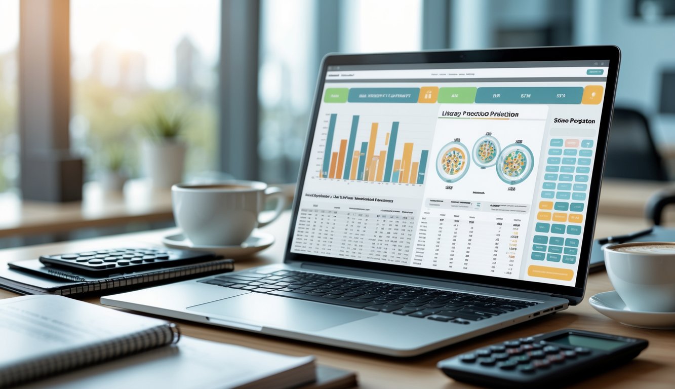 Sebuah ruang kerja modern dengan laptop yang menampilkan data dan grafik prediksi togel 3D, dikelilingi oleh buku catatan, kalkulator, dan secangkir kopi.