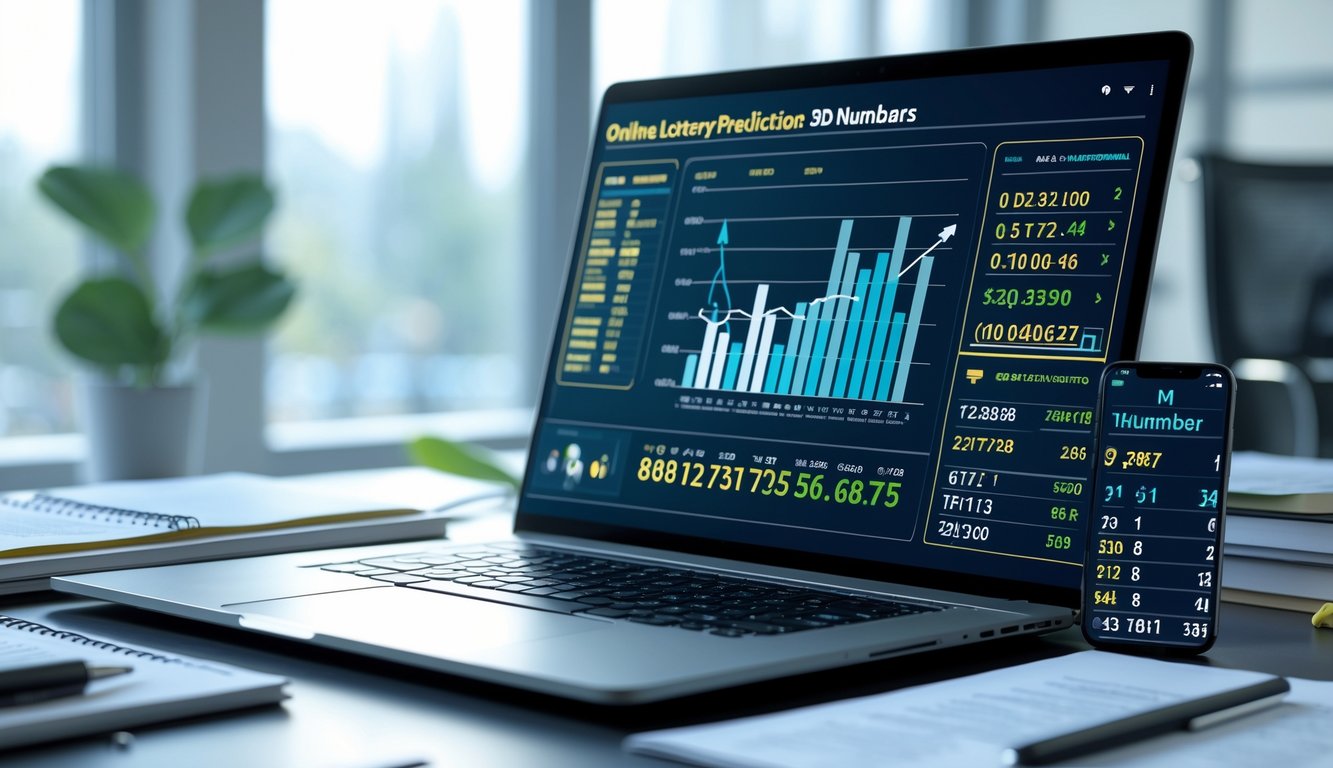 Meja kerja modern dengan laptop menampilkan grafik dan angka hasil data, ponsel, dan alat tulis di sekitarnya.
