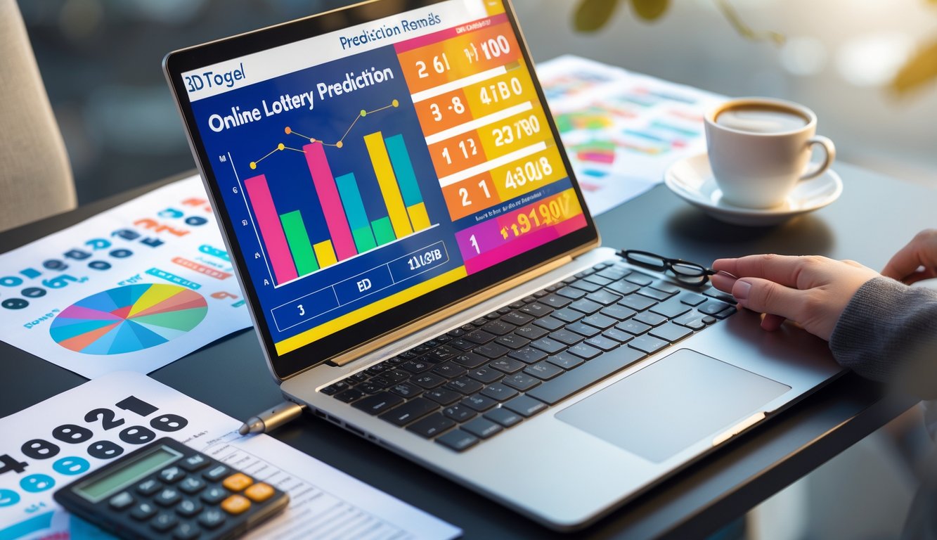 Meja kerja dengan laptop menampilkan grafik dan data angka togel, kertas dengan angka, kalkulator, dan secangkir kopi.