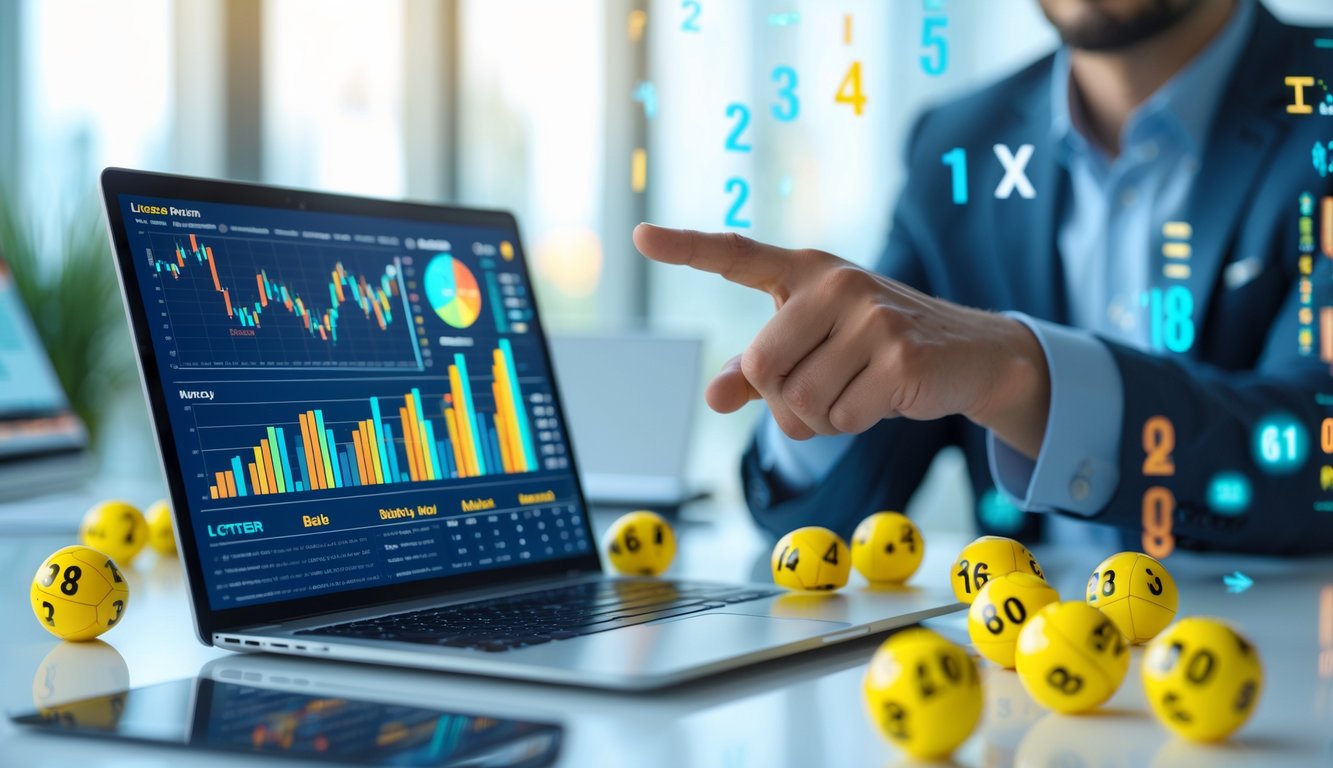 Seorang profesional sedang menunjukkan layar laptop dengan grafik dan bola togel di meja kantor yang terang dan modern.