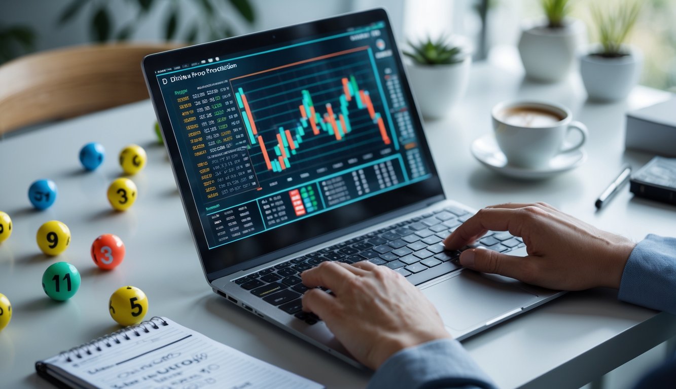 Seorang profesional bekerja dengan laptop yang menampilkan data angka dan grafik prediksi togel 3D di meja kerja yang rapi.