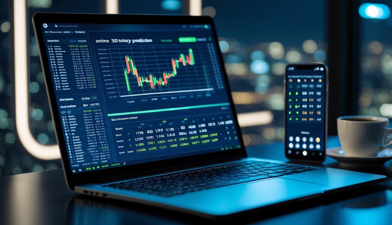 Meja kerja modern dengan laptop dan ponsel yang menampilkan data angka, diiringi secangkir kopi, dengan pencahayaan redup di malam hari.