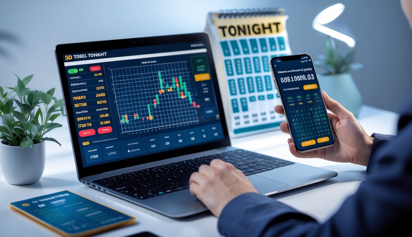 Meja kerja modern dengan laptop dan ponsel yang menampilkan prediksi togel 3D malam ini, tangan seseorang sedang menggunakan perangkat tersebut.