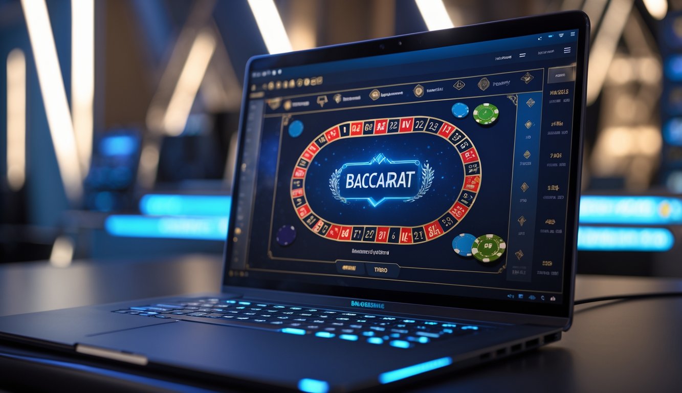 Sebuah layar komputer menampilkan meja baccarat virtual dengan kartu dan chip, di latar belakang suasana digital yang modern dan terpercaya.