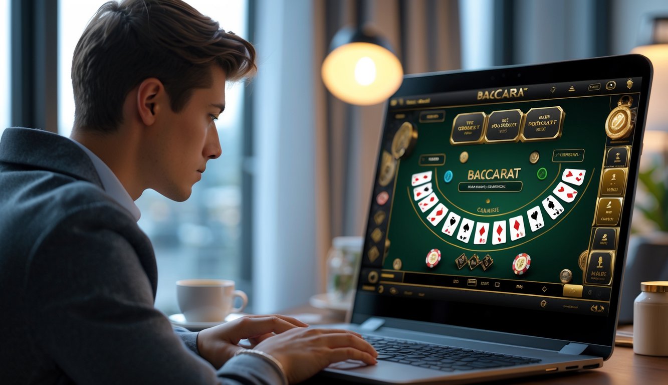 Seseorang sedang bermain baccarat virtual di komputer di ruang kerja yang nyaman.