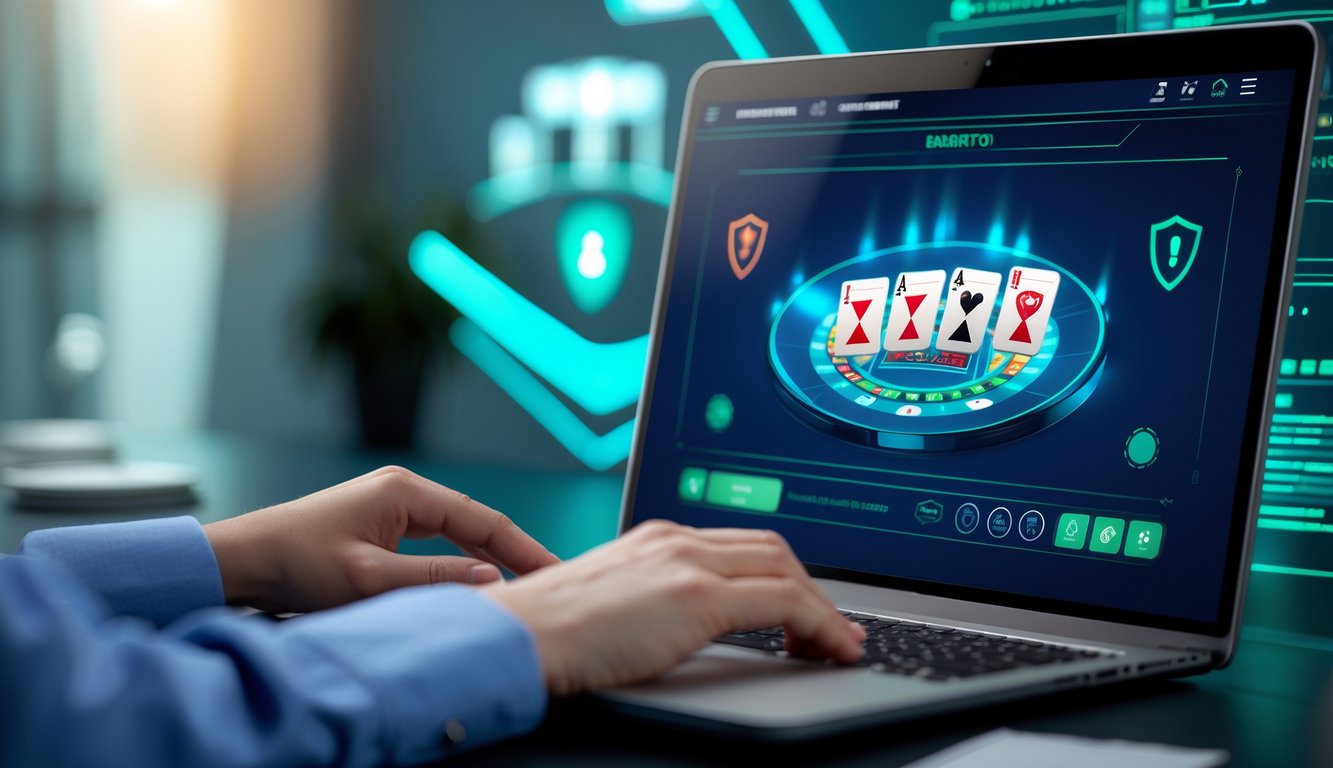 Tampilan layar komputer yang menunjukkan permainan baccarat virtual dengan suasana yang aman dan profesional.