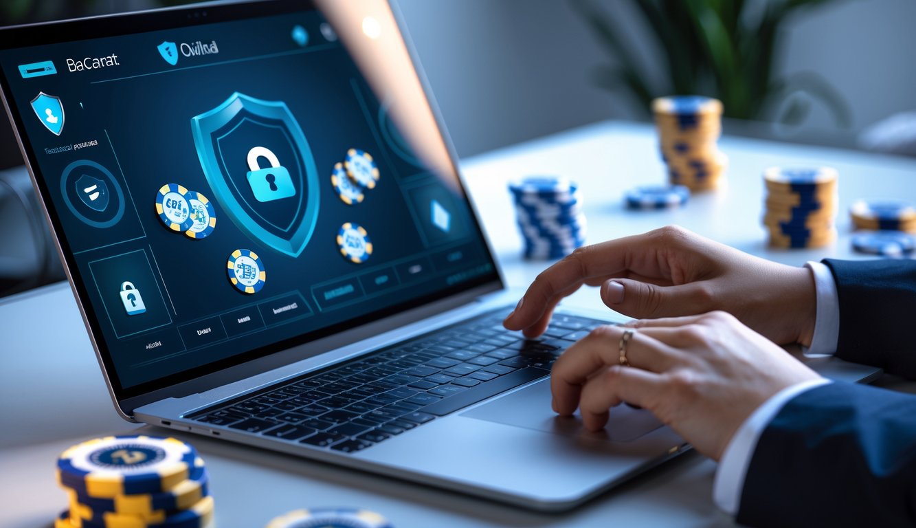Seseorang menggunakan komputer dengan tampilan permainan baccarat virtual dan simbol keamanan di latar belakang.
