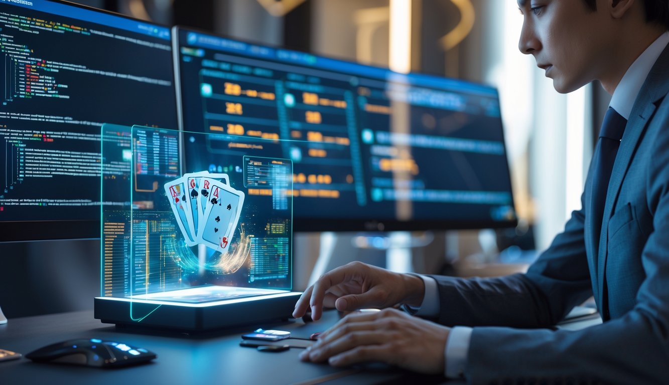 Seorang profesional menggunakan antarmuka digital untuk menunjukkan cara kerja sistem RNG dalam permainan baccarat virtual online.