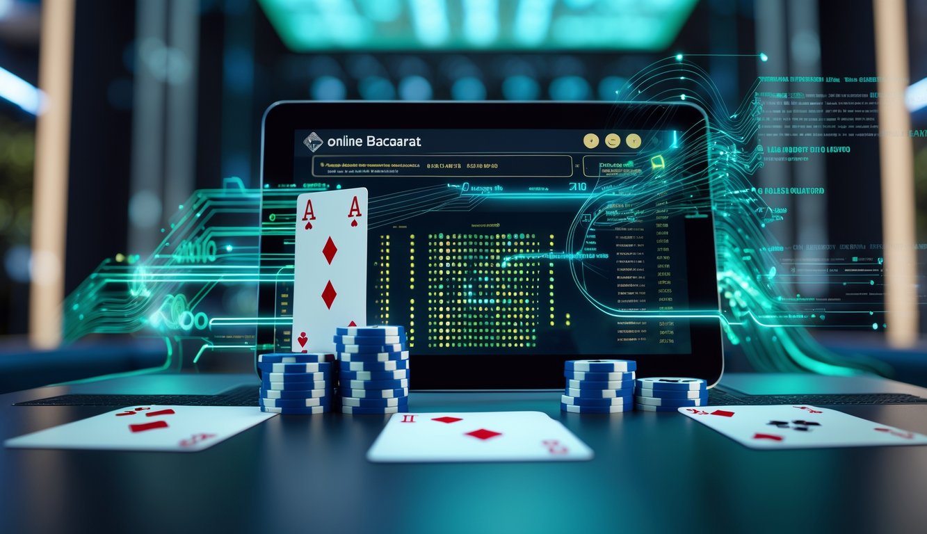 Antarmuka digital modern menampilkan kartu baccarat, chip, dan aliran kode biner yang menggambarkan sistem RNG dalam permainan baccarat virtual online.