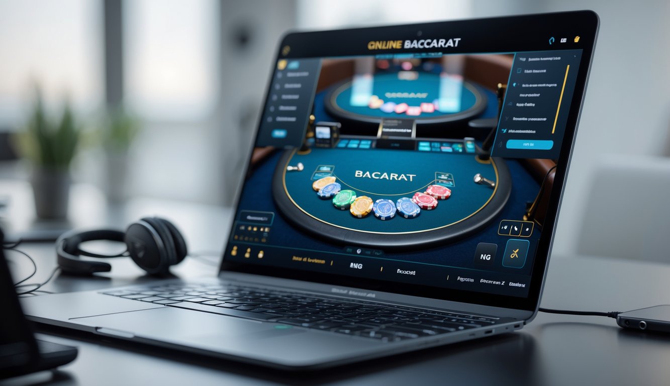 Layar perangkat digital menampilkan permainan baccarat virtual tanpa dealer langsung dengan kartu dan chip di meja permainan.
