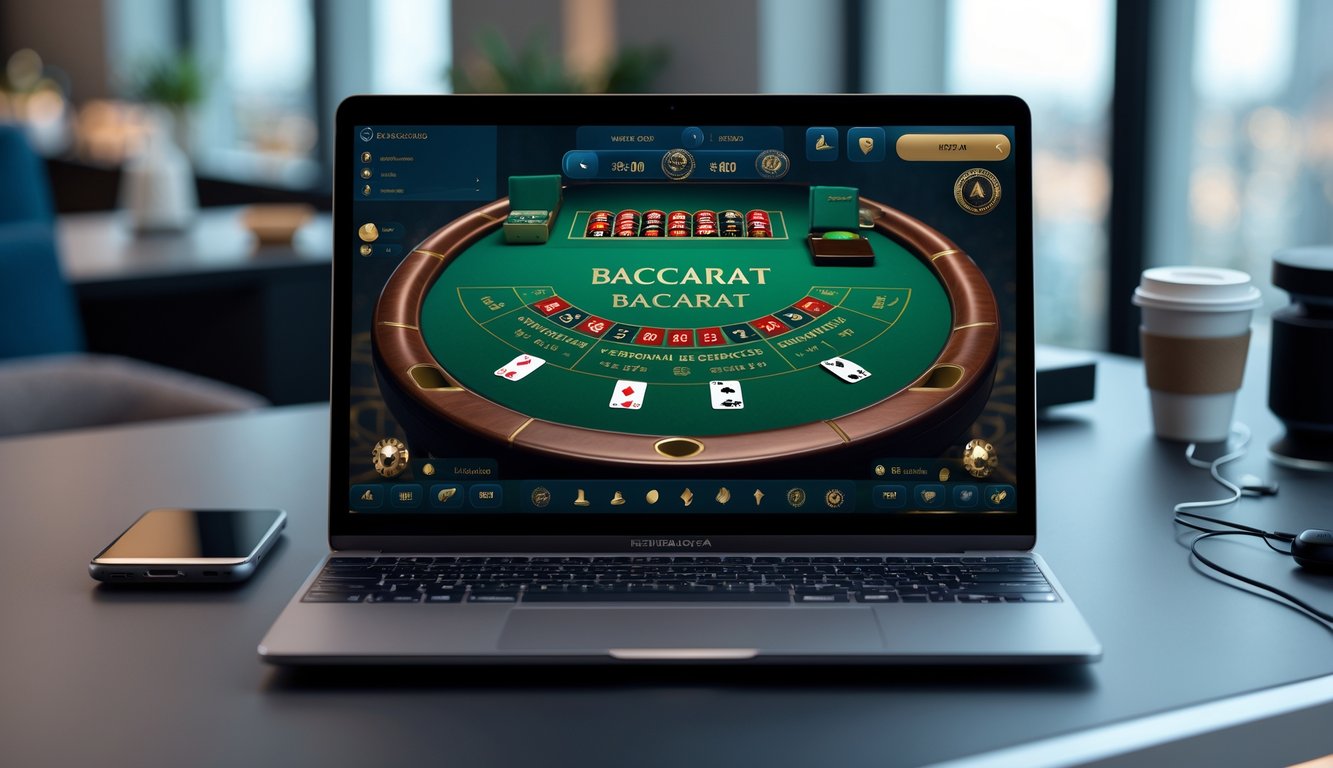 Tampilan layar laptop yang menunjukkan permainan baccarat virtual dengan kartu dan chip di meja digital, di ruang kerja modern dengan beberapa perangkat teknologi di sekitar.