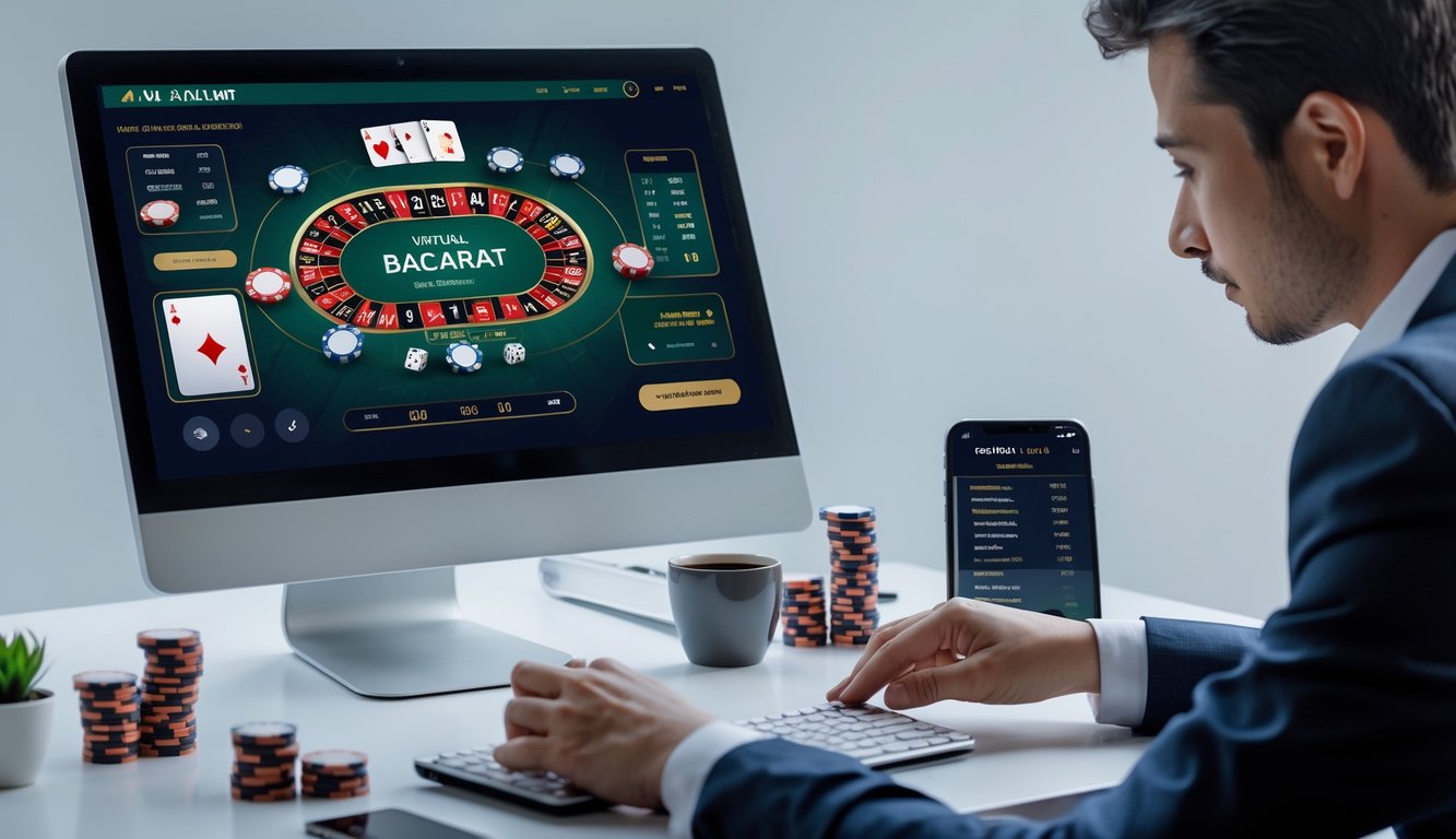 Seorang pria duduk di depan komputer dengan layar menampilkan permainan baccarat virtual, dikelilingi chip poker dan catatan strategi.