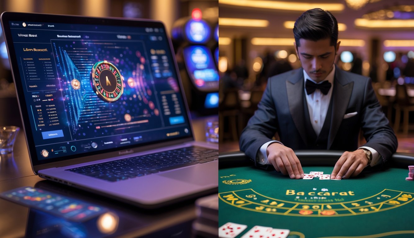 Gambaran perbedaan antara permainan baccarat virtual di layar digital dan permainan baccarat langsung di meja kasino dengan dealer dan pemain.