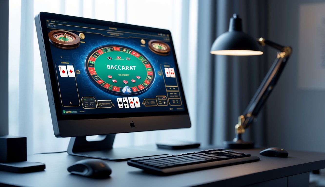Sebuah meja komputer modern dengan layar menampilkan permainan baccarat virtual dan chip, suasana terang dan rapi.