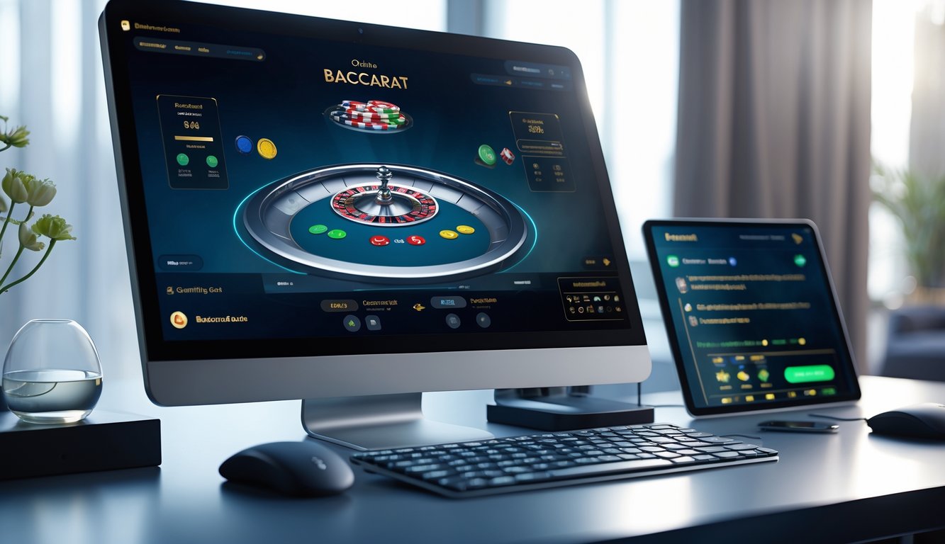 Sebuah ruang kerja modern dengan komputer menampilkan permainan baccarat virtual dan perangkat teknologi di sekitarnya.