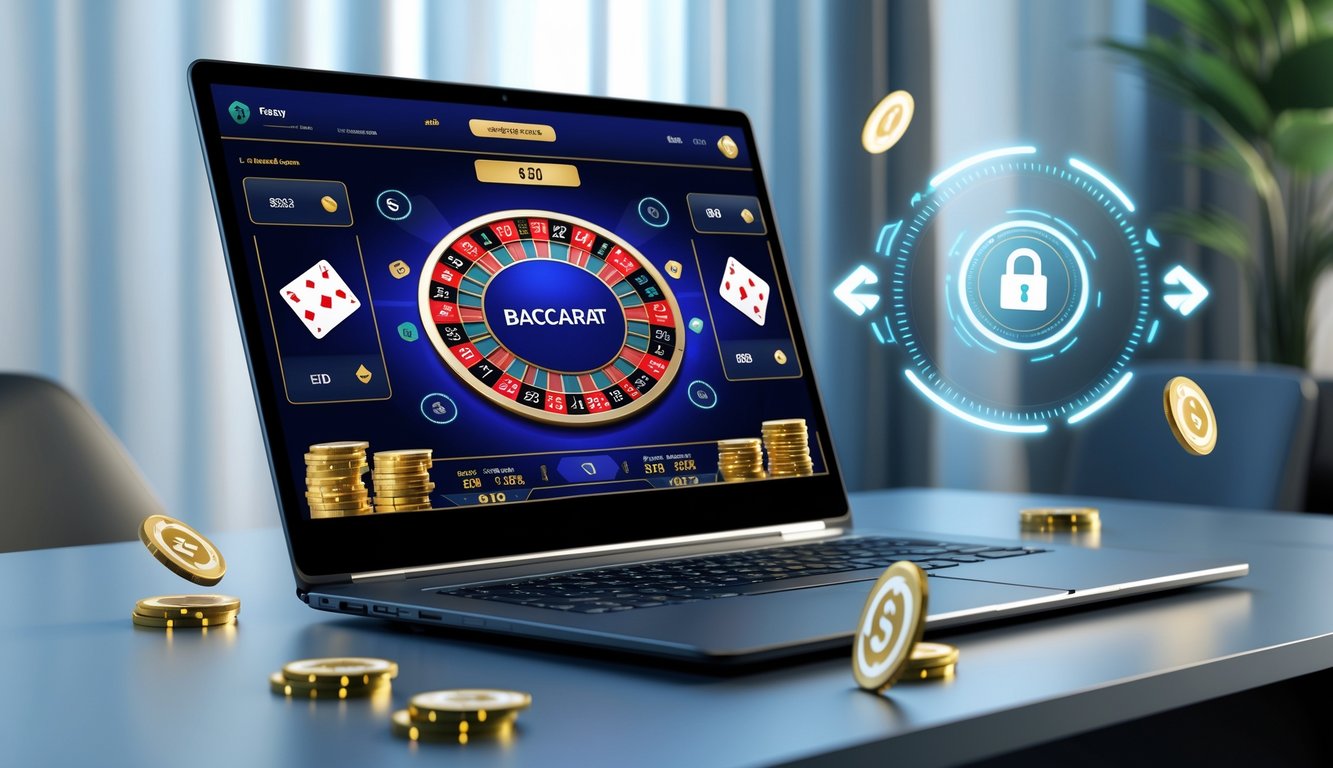 Sebuah laptop menampilkan permainan Baccarat virtual dengan kartu dan chip digital, dikelilingi oleh simbol pembayaran uang nyata secara instan.