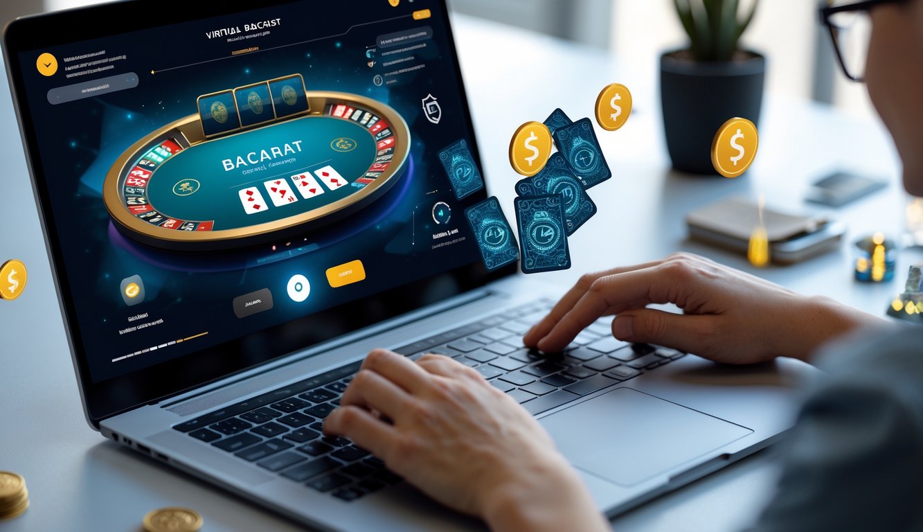 Seseorang menggunakan laptop dengan tampilan permainan baccarat virtual dan simbol pembayaran instan di sekitarnya.
