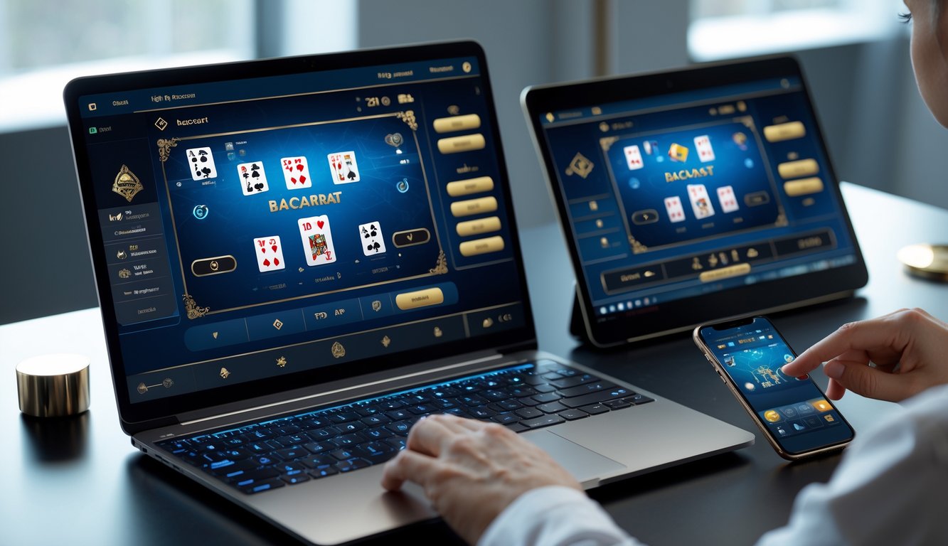 Seseorang bermain permainan baccarat online di laptop dan ponsel dengan tampilan antarmuka permainan yang jelas.