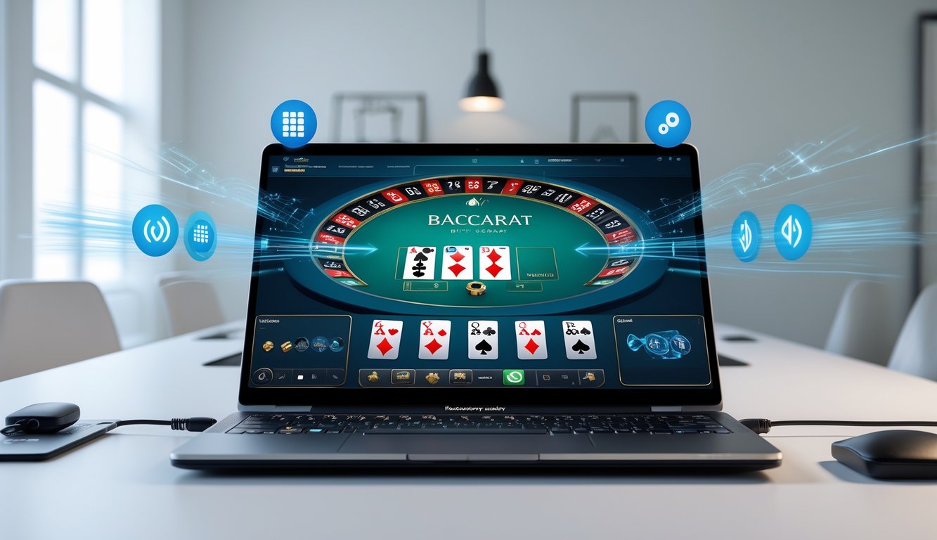 Seorang pengguna sedang bermain baccarat virtual di komputer dengan tampilan game yang jelas dan lingkungan kerja yang rapi.