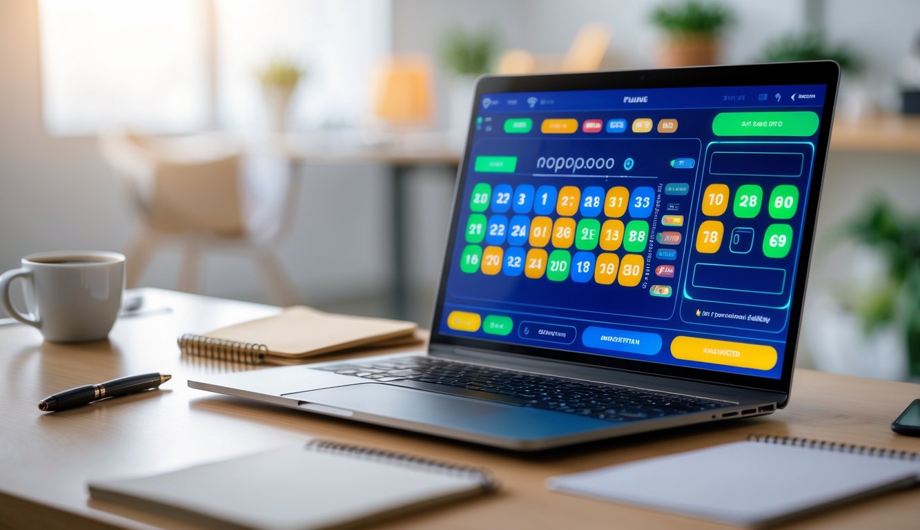 Seseorang menggunakan laptop dengan tampilan antarmuka lotere digital di ruang kerja yang nyaman dan terang.