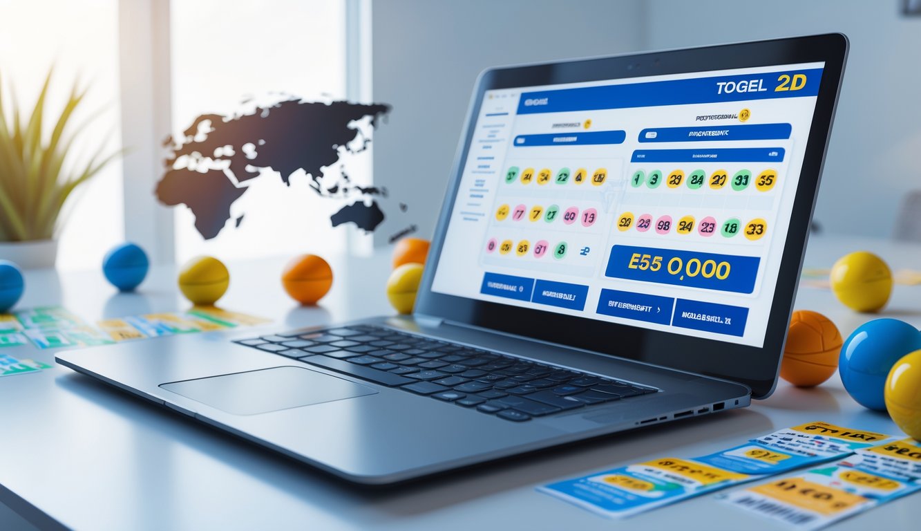 Sebuah komputer di meja kerja dengan layar menampilkan antarmuka lotere online dan bola angka warna-warni di sekitarnya.