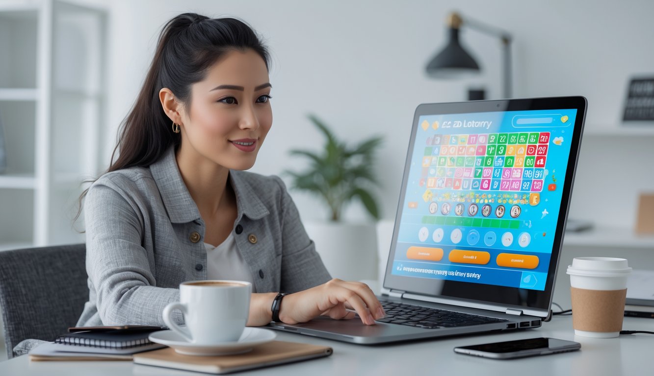 Seorang wanita muda duduk di meja dengan laptop yang menampilkan permainan togel 2D online, terlihat fokus dan santai.