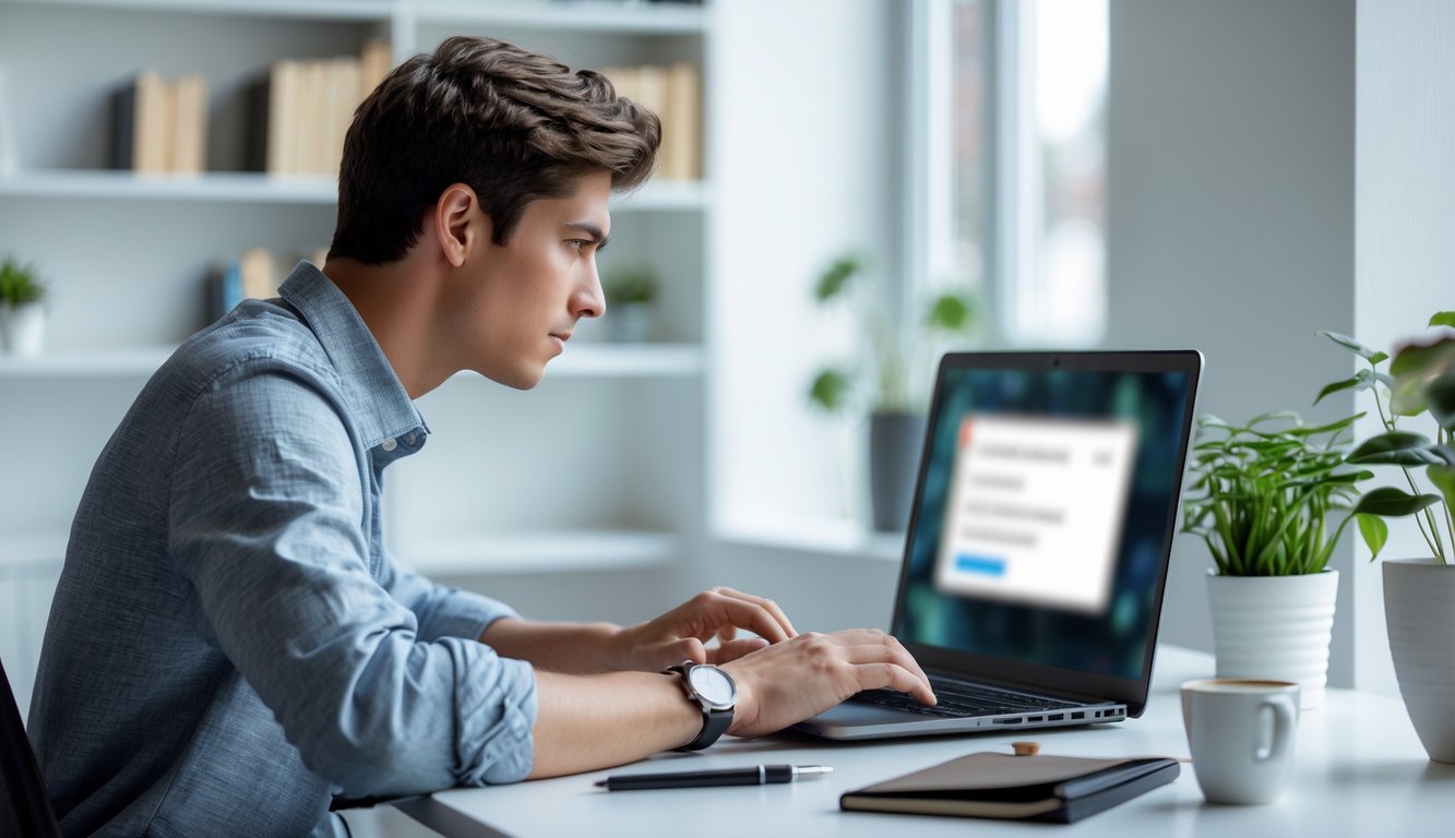 Seorang pria muda duduk di meja kerja menggunakan laptop di ruang kerja rumah yang rapi dan terang.