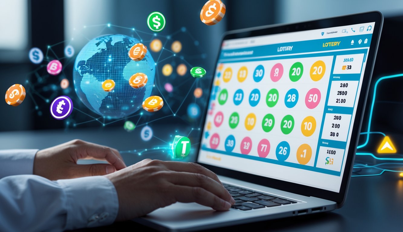 Seseorang menggunakan laptop dengan tampilan angka lotere dan ikon pembayaran digital di meja kerja modern.