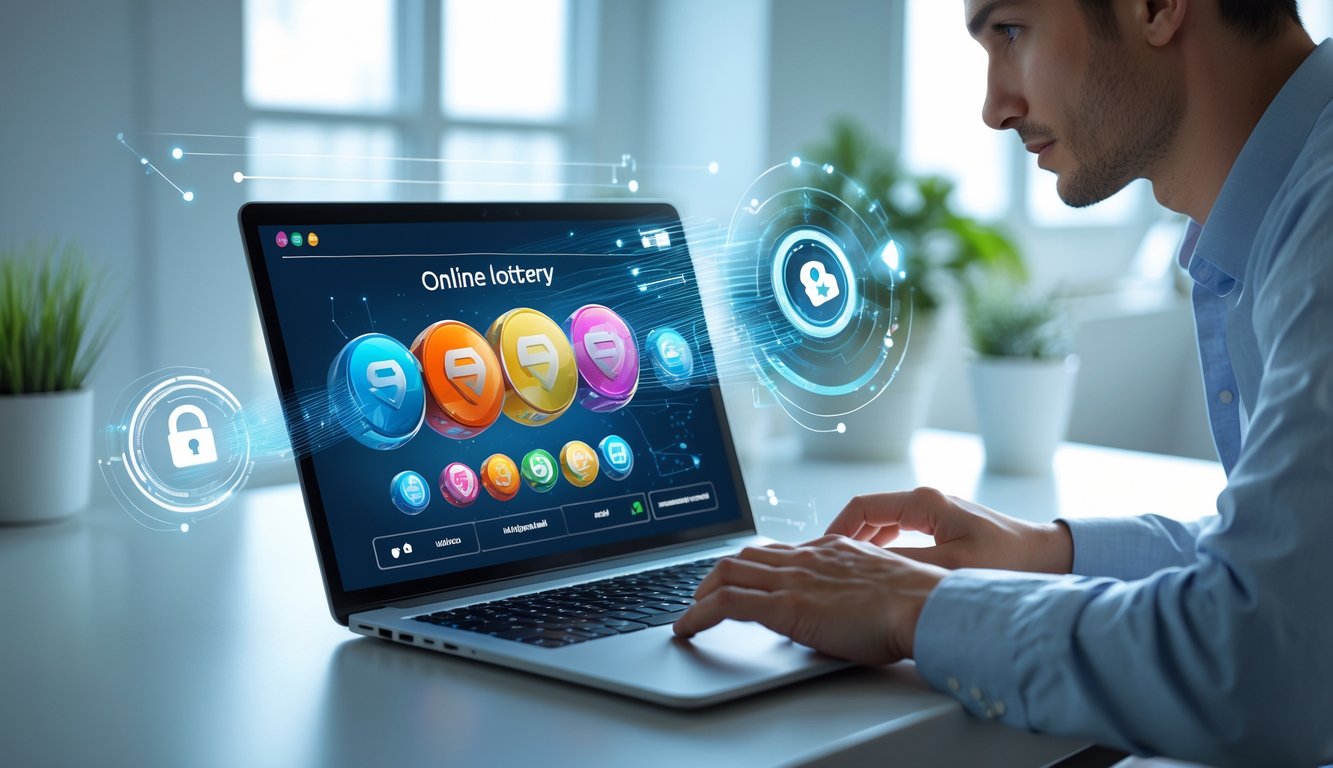 Seseorang menggunakan laptop di ruang kerja yang terang dengan tampilan antarmuka platform lotere online dan simbol pembayaran cepat di latar belakang.