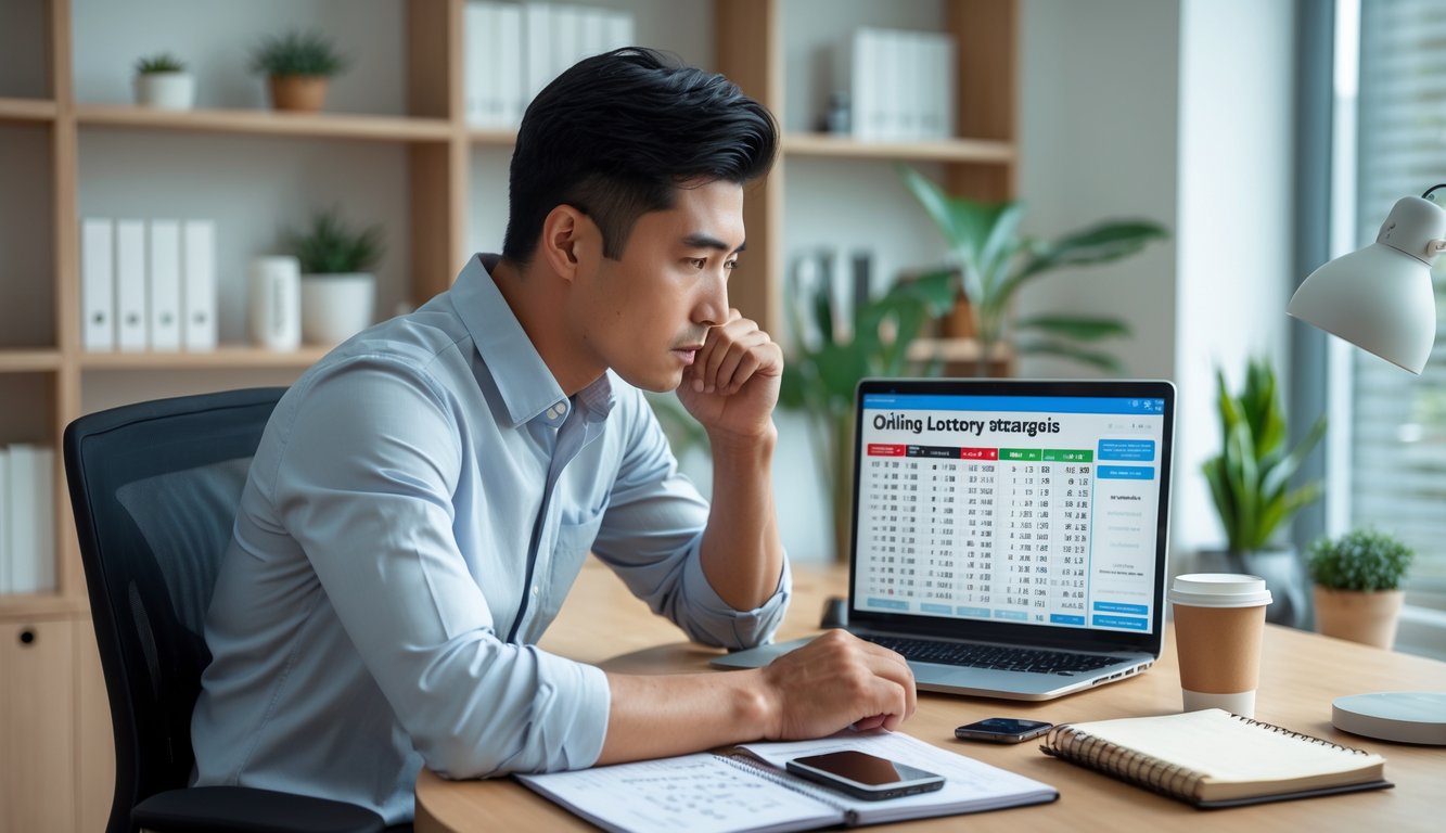 Seorang pria muda duduk di meja kerja dengan laptop dan catatan, fokus menganalisis strategi togel online.