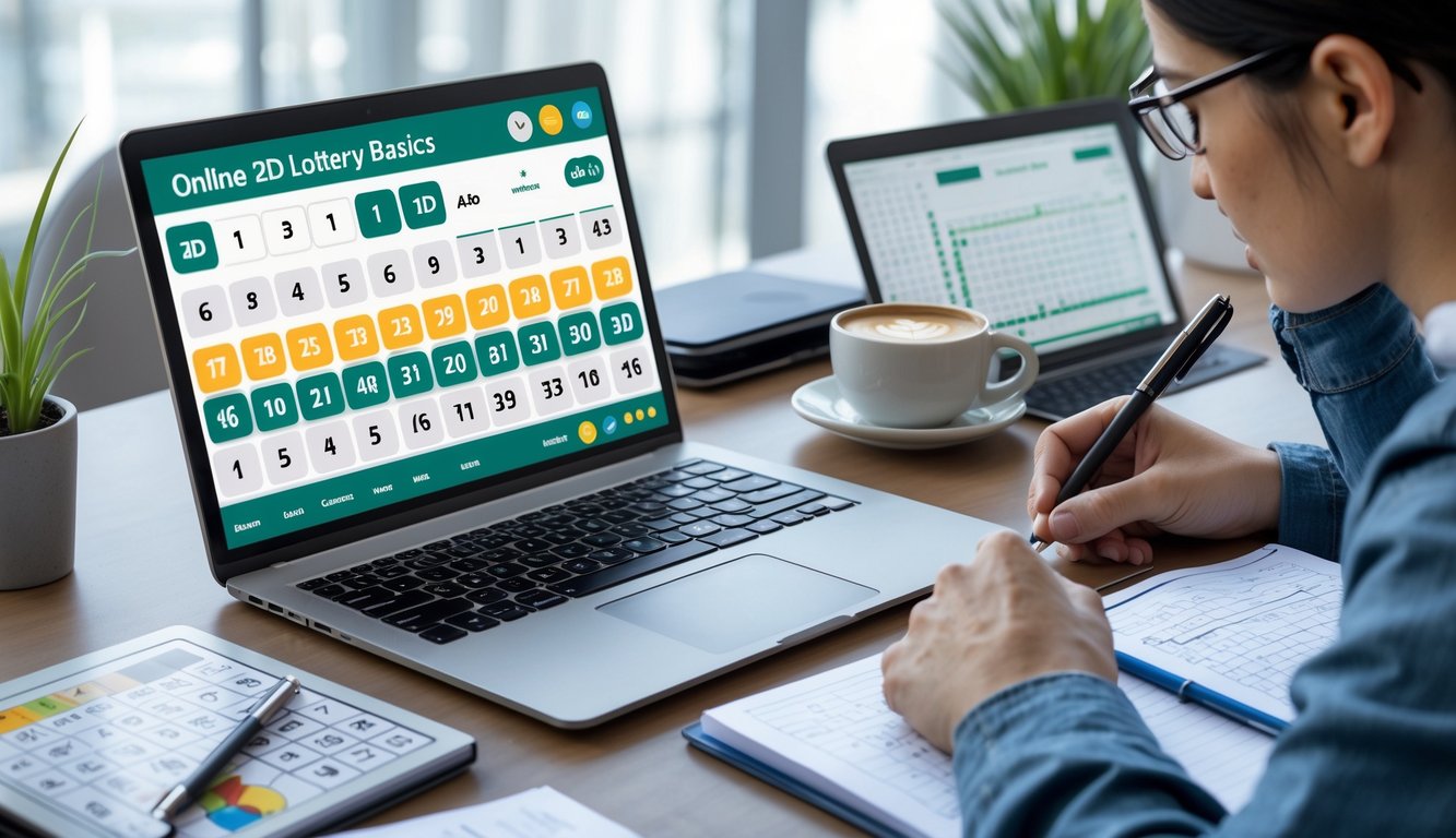 Seseorang sedang menganalisis data togel 2D online di depan laptop dengan alat tulis dan grafik di meja.