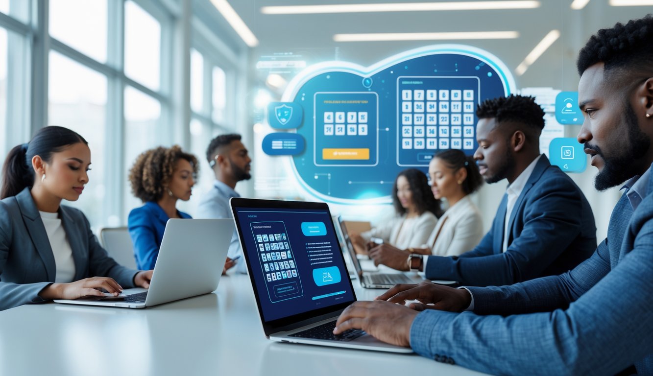 Orang-orang menggunakan laptop dan ponsel di kantor modern dengan layar digital yang menunjukkan angka togel dan ikon keamanan.