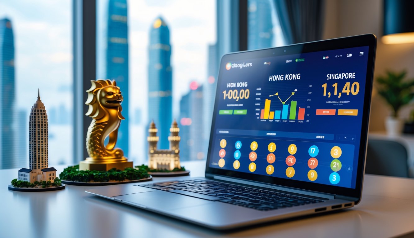 Meja kerja modern dengan laptop yang menampilkan antarmuka lotere digital dan latar belakang dengan landmark ikonik dari Hong Kong dan Singapura.