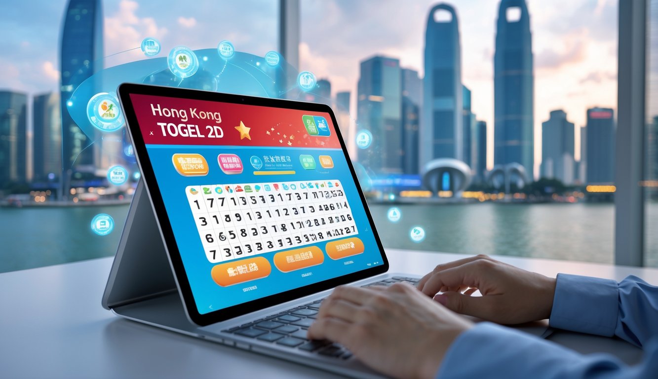 Orang menggunakan perangkat digital untuk bermain togel 2D online dengan latar belakang pemandangan kota Hong Kong dan Singapura.