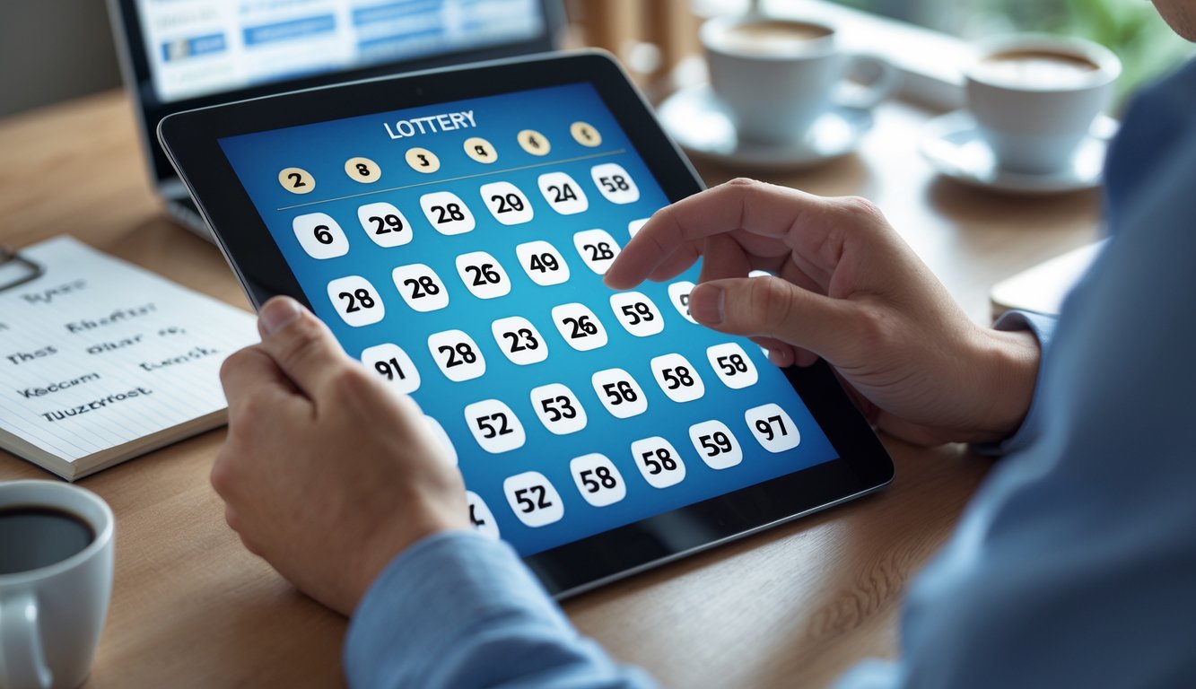 Seseorang sedang memilih angka pada tablet di ruang kerja modern dengan laptop dan alat tulis di meja.