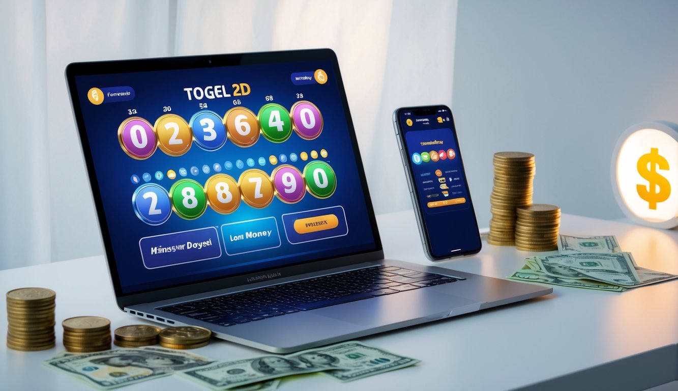 Seorang pria menggunakan laptop dan smartphone untuk bermain togel online dengan suasana meja kerja yang rapi dan beberapa uang di dekatnya.
