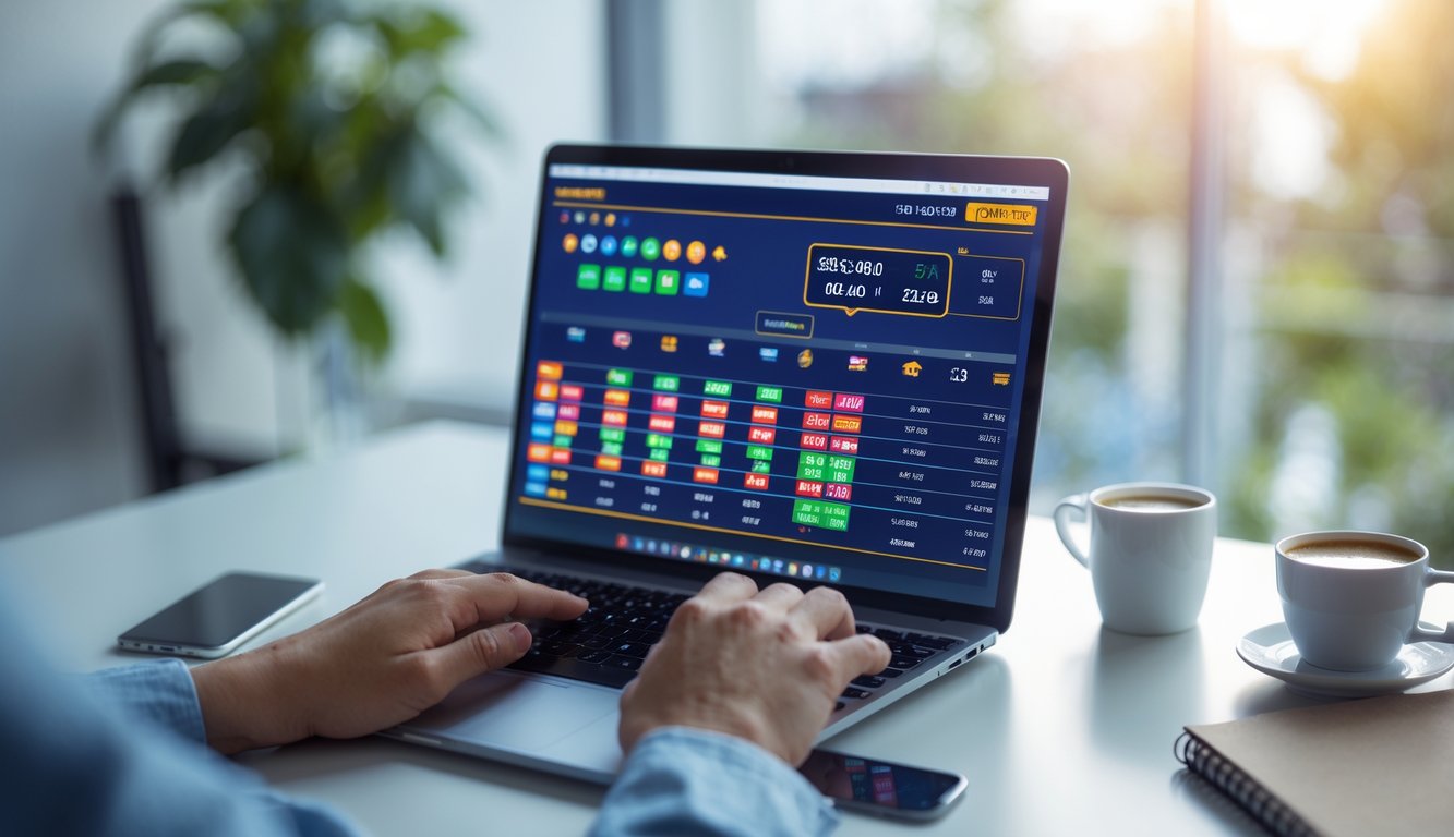 Seseorang menggunakan laptop di meja kerja dengan tampilan situs togel online dan perangkat pendukung seperti ponsel dan cangkir kopi.