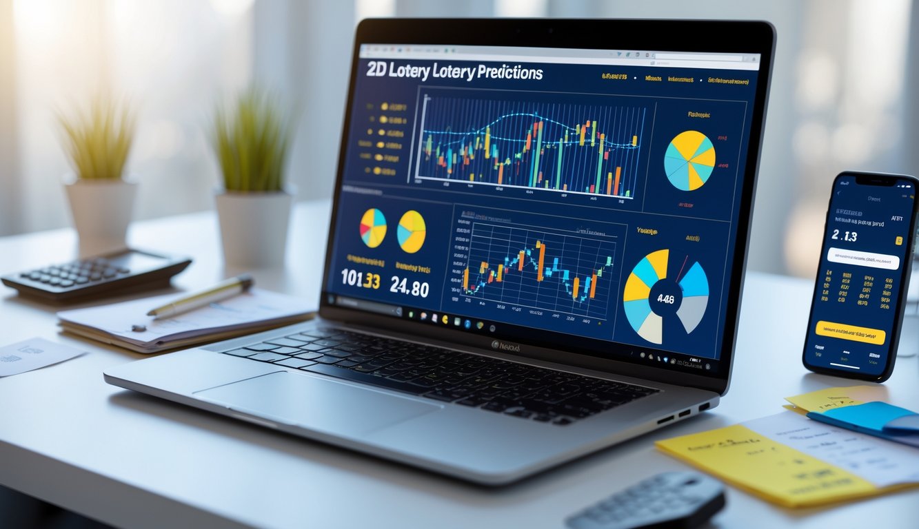 Meja kerja dengan laptop yang menampilkan grafik dan data analisa togel 2D online, dilengkapi kalkulator, buku catatan, dan ponsel dengan pembaruan real-time.