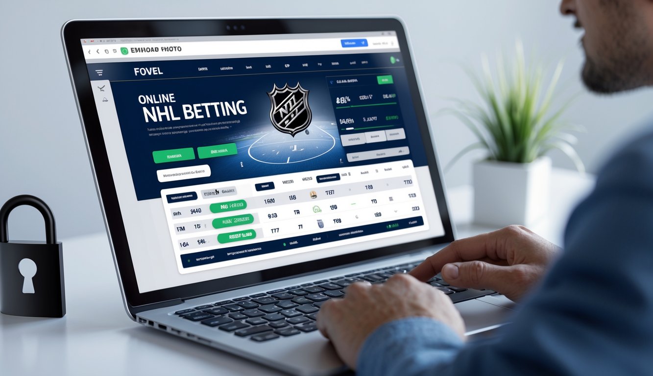 Seorang pria menggunakan laptop yang menampilkan situs taruhan NHL online dengan odds tertinggi hari ini.