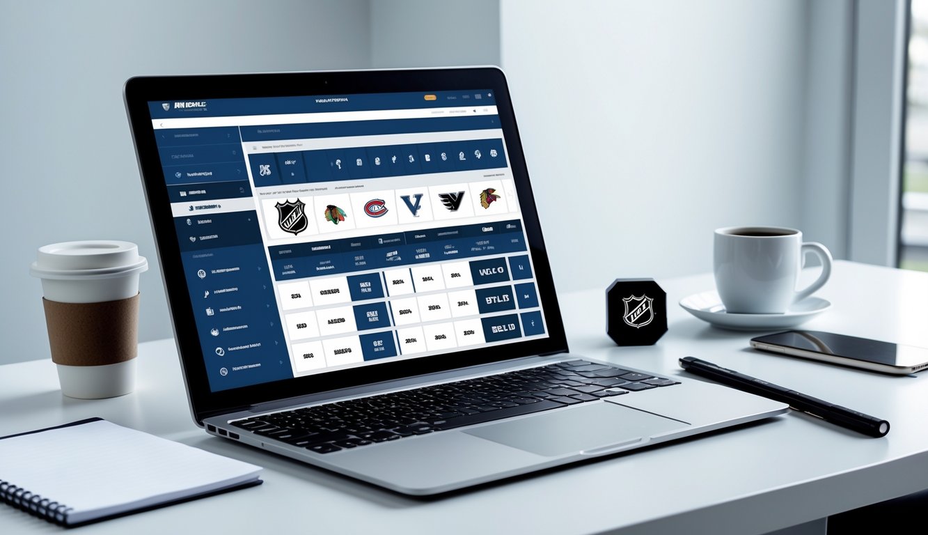 Seorang pengguna menggunakan laptop dengan tampilan platform taruhan NHL online yang aman di meja kerja yang rapi dengan dekorasi bertema hoki es.