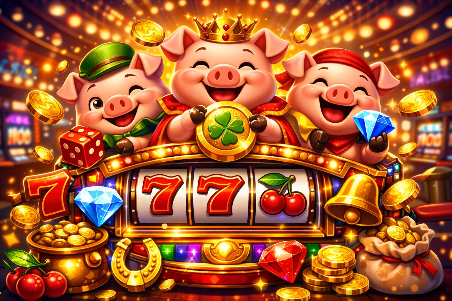 Three Happy Pig Characters Around A Colorful Slot Machine With Coins And Classic Slot Symbols In A Lively Casino Setting.